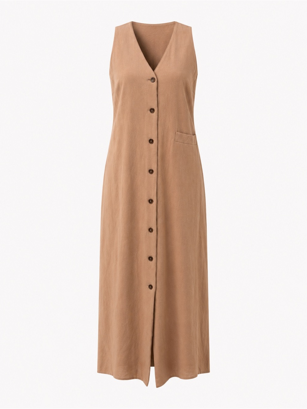 Harve Benard Wool Sleeveless Button-Front Maxi Dress in Tan.